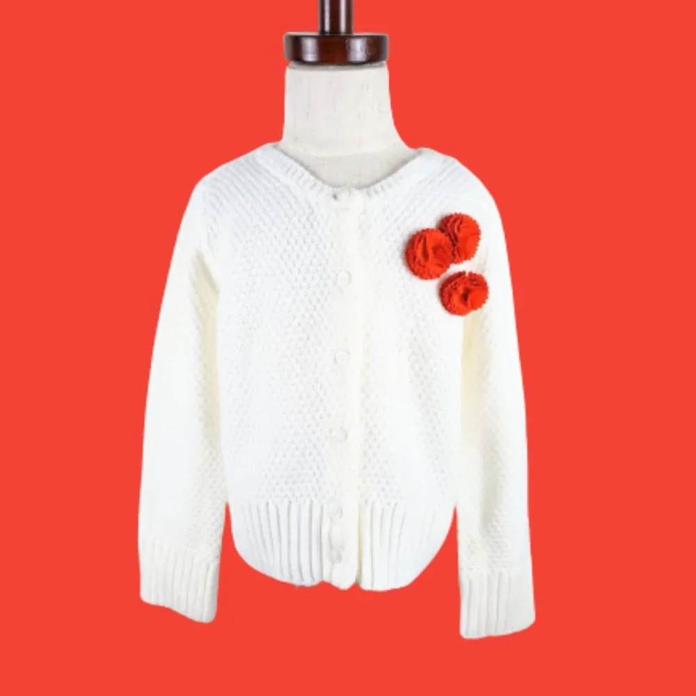 Girl's White Button Up Sweater 4 Waffle Knit Pattern.Orange Pom Pom Flowers